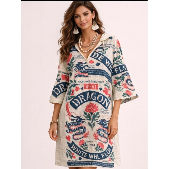 Dresses & Skirts - Vintage Sack Dragon Print Cotton Bell Sleeve Dress